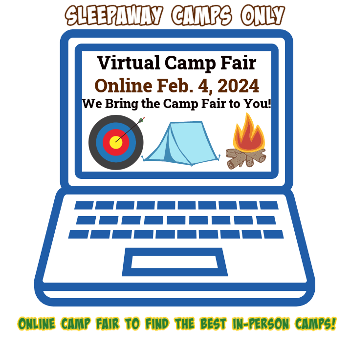 Computer graphic advertising the Feb 4 virtual camp fair on the screen